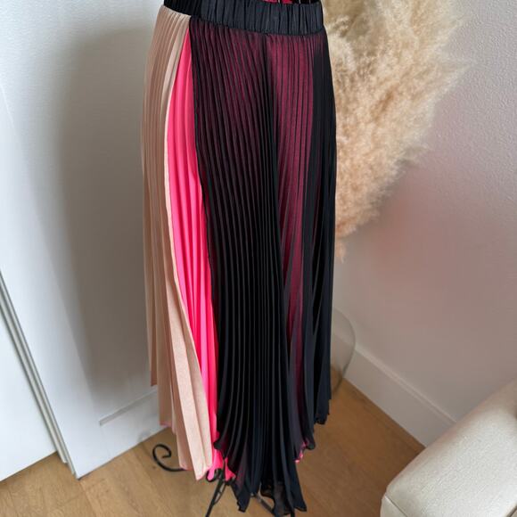 Loyd/Ford Pink Pleated Satin Sheer Black Overlay Midi Colorblock Skirt- Small - Picture 7 of 8